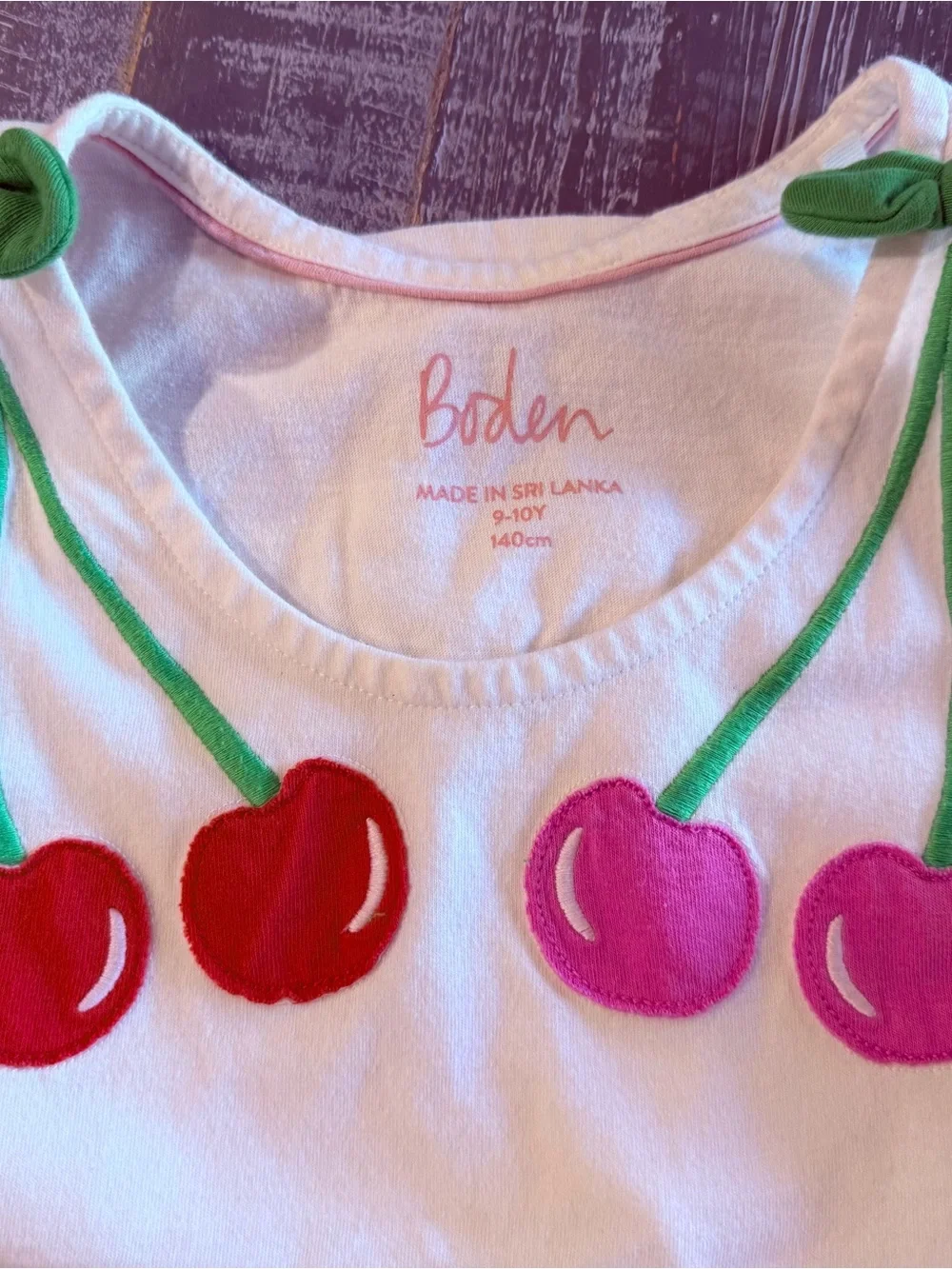 Mini Boden White Tank Top with Red and Pink Cherry Appliqués